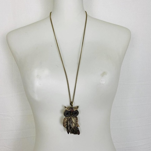 Owl Pendant Necklace Long Metal & Rhinestone Burnished Gold Boho Cottage - Picture 6 of 7